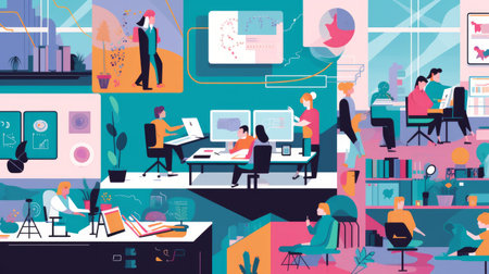 Business people working in office flat vector illustration. Teamwork, brainstorming, meeting concept.の素材