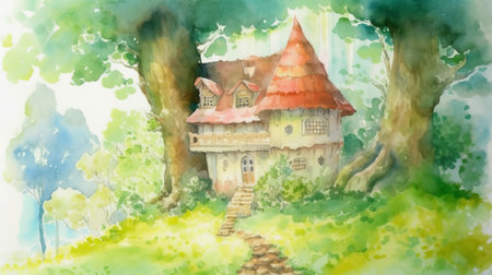 Watercolor illustration of a fairy-tale house in the forest.の素材