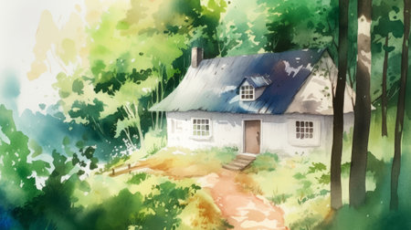 Watercolor painting of a house in the forest. Digital painting.の素材