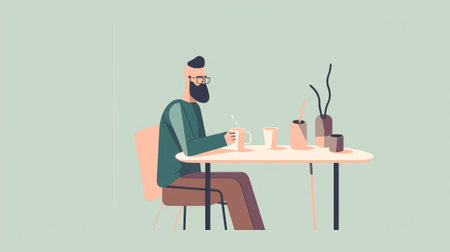 Man sitting at the table and drinking coffee. Vector illustration in flat style.の素材