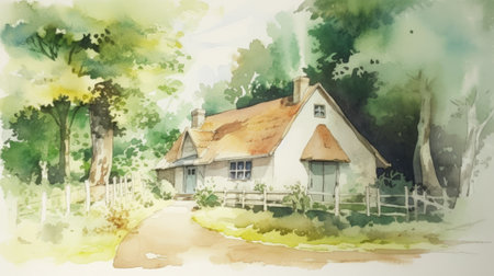 Watercolor painting of a country house in the middle of the forestの素材