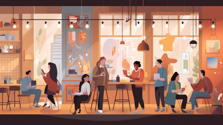 Coffee shop interior with people drinking coffee and chatting vector illustrationの素材