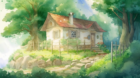 Cottage in the forest. Watercolor painting. Vector illustration.の素材