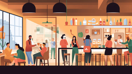 Coffee shop interior with people in cafe flat vector illustration. Cartoon people sitting at tables and drinking coffee.の素材