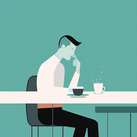 Businessman sitting at the table and drinking coffee. Vector illustration.の素材