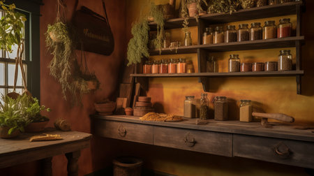 Interior of a rustic coffee shop with vintage wooden furniture.の素材