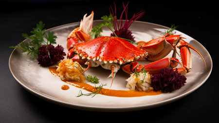 Delicious steamed crab served on a white plate on a black backgroundの素材