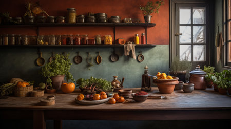 Autumn still life in a rustic kitchen with fresh fruits and vegetablesの素材