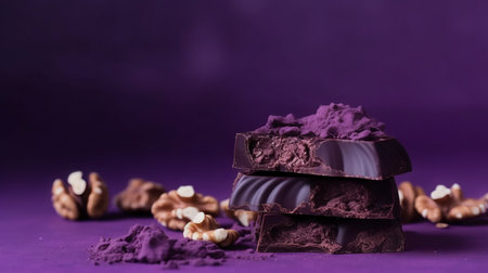 Pieces of chocolate with nuts and cocoa powder on a purple backgroundの素材