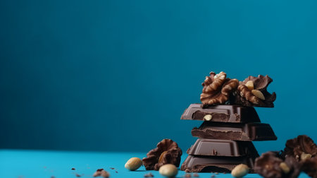 Chocolate pieces with nuts on a blue background. Copy space.の素材