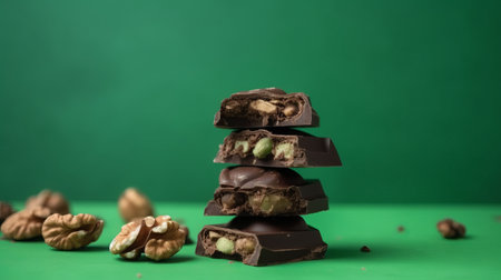 Pieces of dark chocolate with nuts on a green background. Copy space.の素材