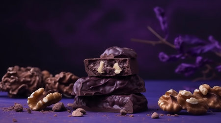 Chocolate bars with nuts on a purple background. Selective focus.の素材