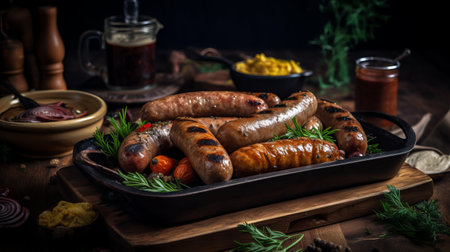 Grilled sausages with vegetables and spices on a wooden tableの素材