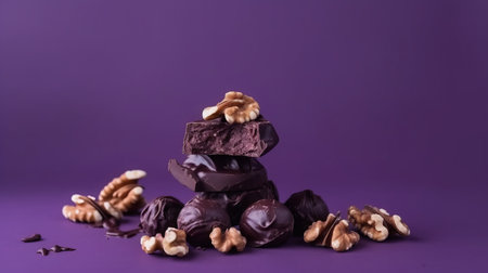 Chocolate candies with walnuts on purple background. Copy space.の素材