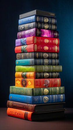 Stack of old books on a dark blue background. Education concept.の素材