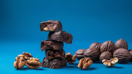 Chocolate candies with nuts on blue background. Copy space.の素材