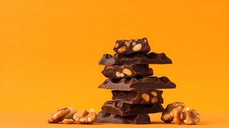 Stack of chocolate bars with nuts on orange background. Copy space.の素材