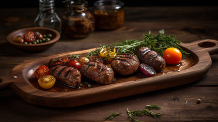 grilled meat with rosemary and tomatoes on a wooden board.の素材