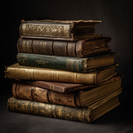 Pile of old books on a dark background. Toned.の素材