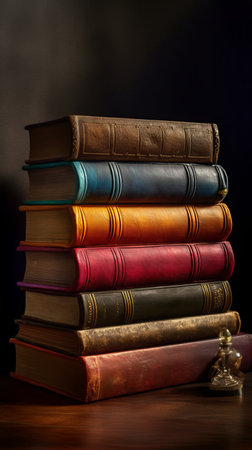 Pile of old books on a wooden table. black background.の素材