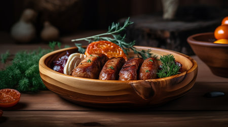 Grilled sausages with sauce in a wooden bowl on a wooden tableの素材