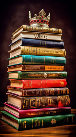 Pile of old books with a crown on top on a dark backgroundの素材