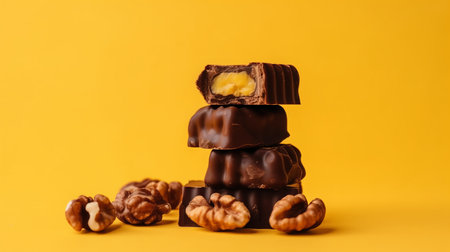 Chocolate candies with nuts on a yellow background. Copy space.の素材