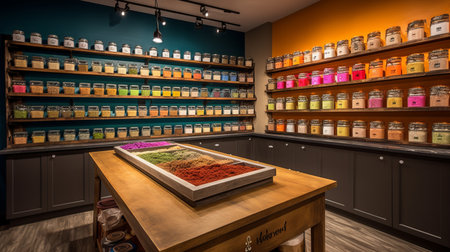 Two walls and a table full of colorful tasty spicesの素材