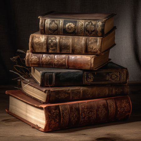 Stack of old books on a wooden table. Vintage style toned pictureの素材