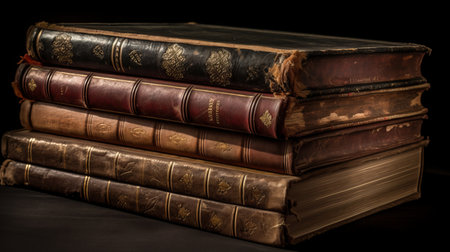 Stack of old books on a black background. Close-up.の素材