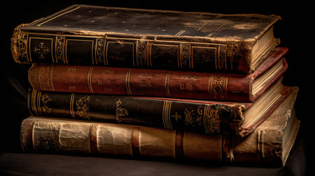 Old books on a black background. Shallow depth of field.の素材