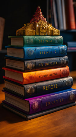 Stack of books on a wooden table in the library. Education concept.の素材