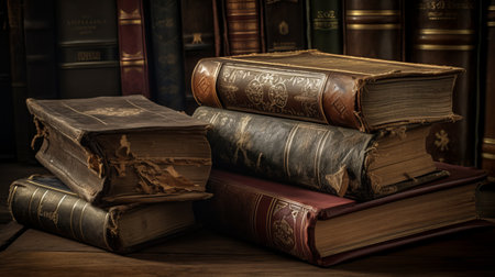Old books on a wooden table. Retro style toned image.の素材