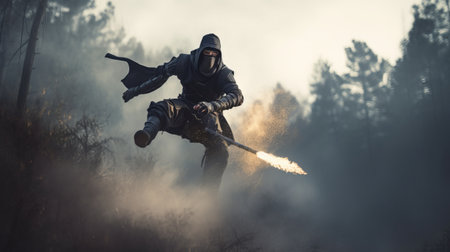 Ninja with a katana on a background of the foggy forestの素材