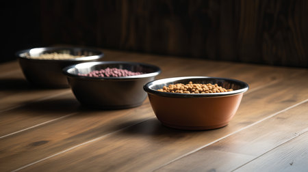Bowls of dry dog food on wooden background, selective focusの素材