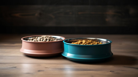 Dry pet food in bowls on wooden background. Selective focus.の素材