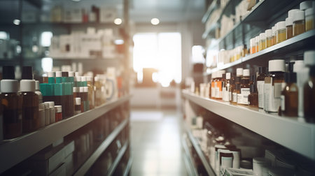 Blurred image of a row of shelves with cosmetics in the pharmacyの素材