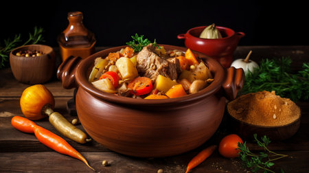 Beef stew with vegetables in a clay pot on a wooden tableの素材