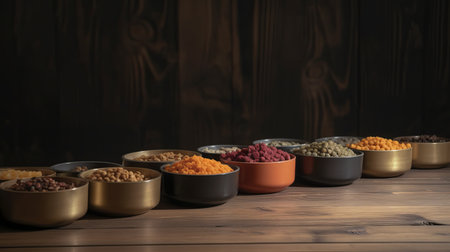 Dry and wet pet food for dog and cat in bowls on a wooden background.の素材