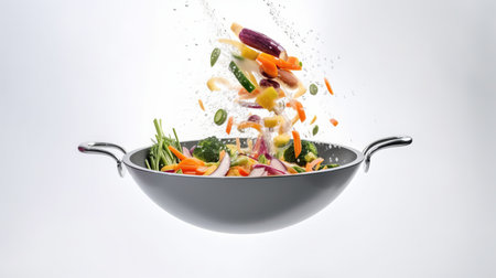 Vegetable salad in a black pan with falling vegetables on white backgroundの素材