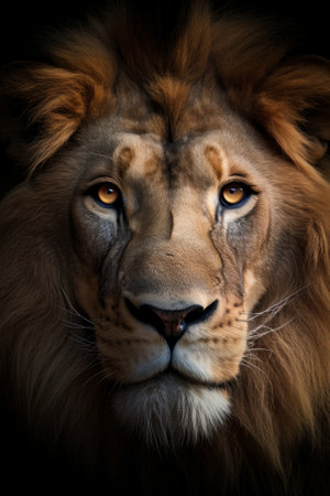 Portrait of a male lion with beautiful mane, isolated on black backgroundの素材