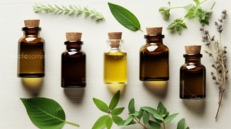 Essential oil with herbs on white wooden table, top view.の素材