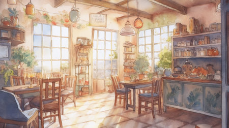 Interior of a cafe with tables and chairs. watercolor paintingの素材