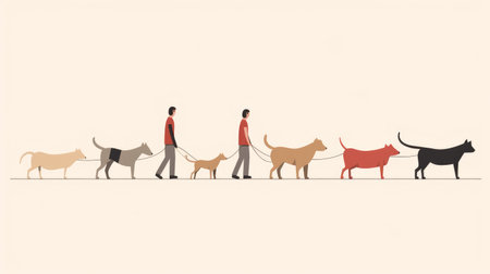 Illustration of a group of people walking with dogs in the streetの素材