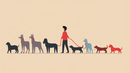 Dogwalkers. Vector illustration of a man walking dogs on a leash.の素材