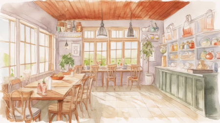 Interior of a cafe in the style of watercolor painting.の素材