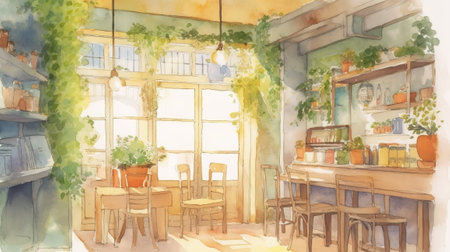 Watercolor painting of a coffee shop interior with chairs and tables.の素材