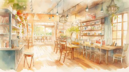 Watercolor painting of cafe interior with wooden tables and chairs. Hand drawn illustration.の素材
