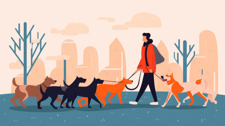Man walking with dogs in the park. vector illustration in flat styleの素材