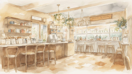 Coffee shop indoor. Watercolor hand drawn sketch illustration.の素材